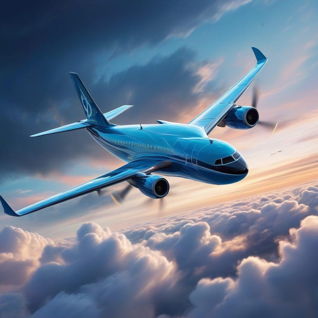 An abstract illustration depicting an airplane soaring safely above turbulent clouds, symbolizing the transition from risk to safety. Include a checklist of insurance terms intertwined with aviation elements like wings and propellers, set against a gradient sky transitioning from stormy grey to calm blue. The scene should evoke a sense of assurance and clarity. vibrant colors. 3D. digital art.