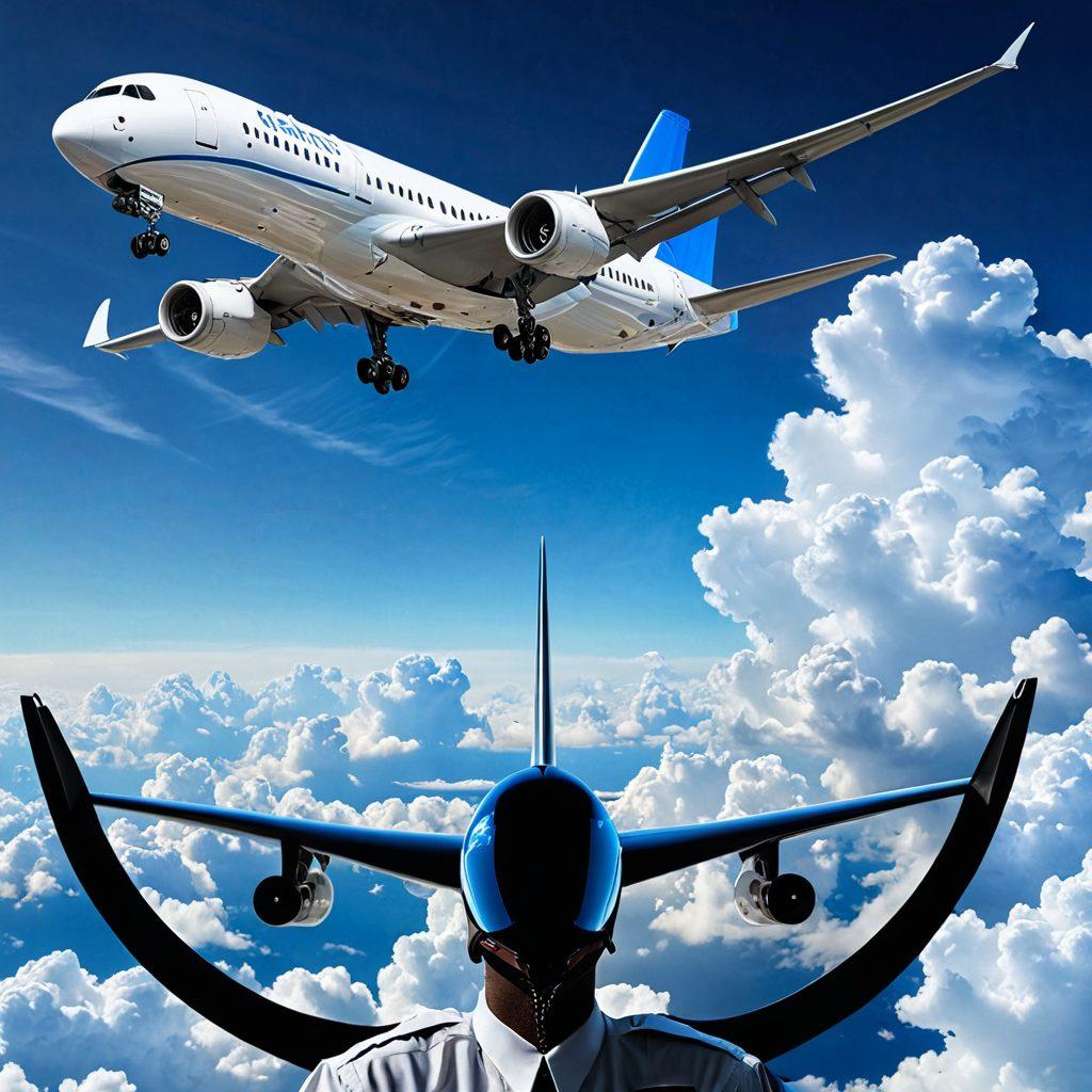 A collage of aviation-related visuals, featuring a soaring airplane above fluffy clouds, a shield symbol representing insurance, and a pilot reviewing policy documents in a bright cockpit. The color palette should include blues and whites to evoke the sky, with sleek lines suggesting safety and guidance. Emphasize clarity and professionalism. super-realistic. vibrant colors.