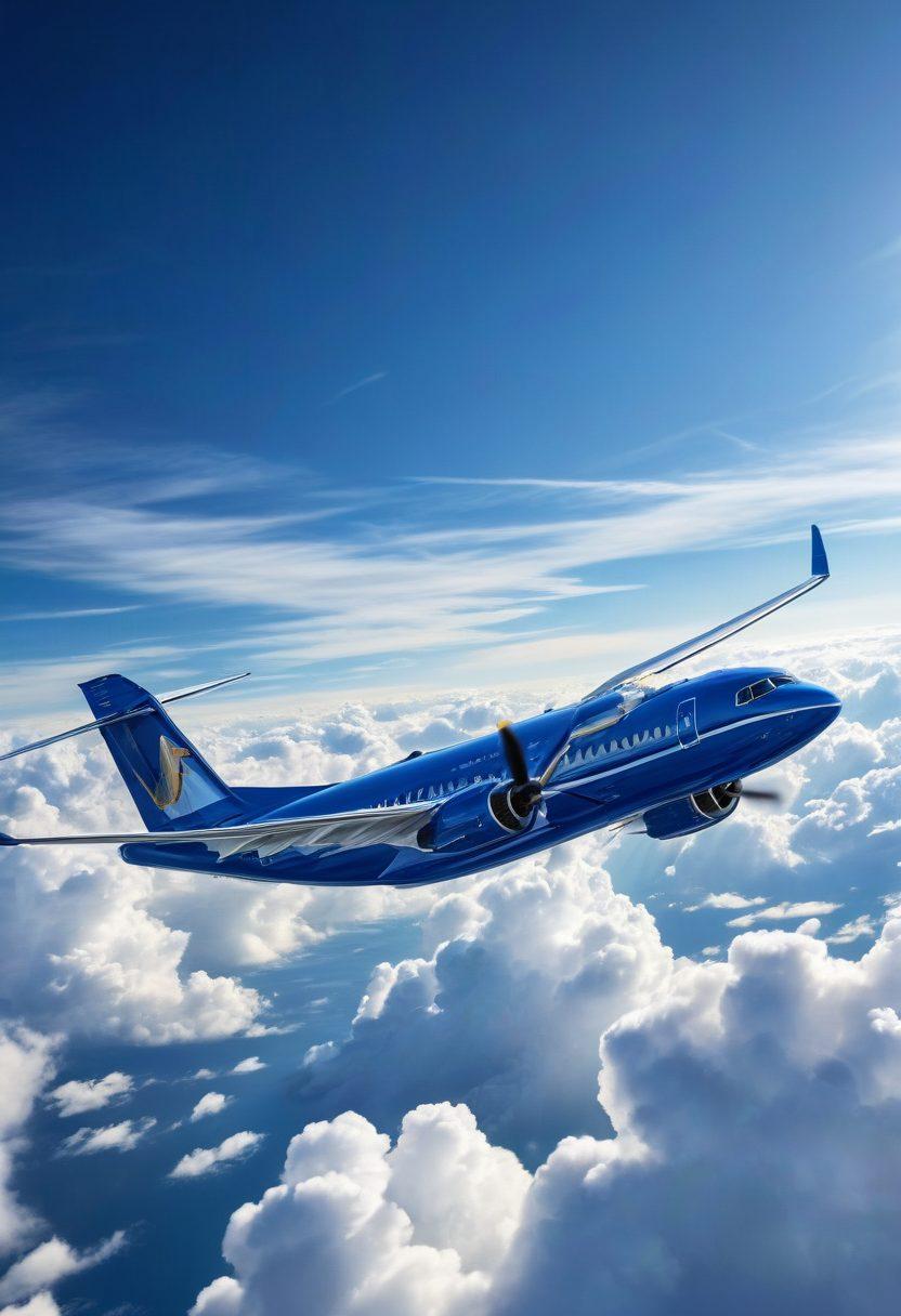 A majestic aircraft soaring through a bright blue sky, surrounded by fluffy white clouds, symbolizing freedom and adventure. Below, a shield shape represents insurance, adorned with aviation-themed icons like wings, propellers, and dollar signs. The color scheme should be vibrant, emphasizing the contrast between the deep blue sky and the glossy aircraft. Include a subtle beam of sunlight breaking through the clouds, illustrating hope and safety in aviation. super-realistic. vibrant colors.